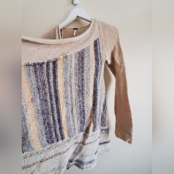 free people cozy kisses natural soft striped open cardigan sweater M - Picture 6 of 8